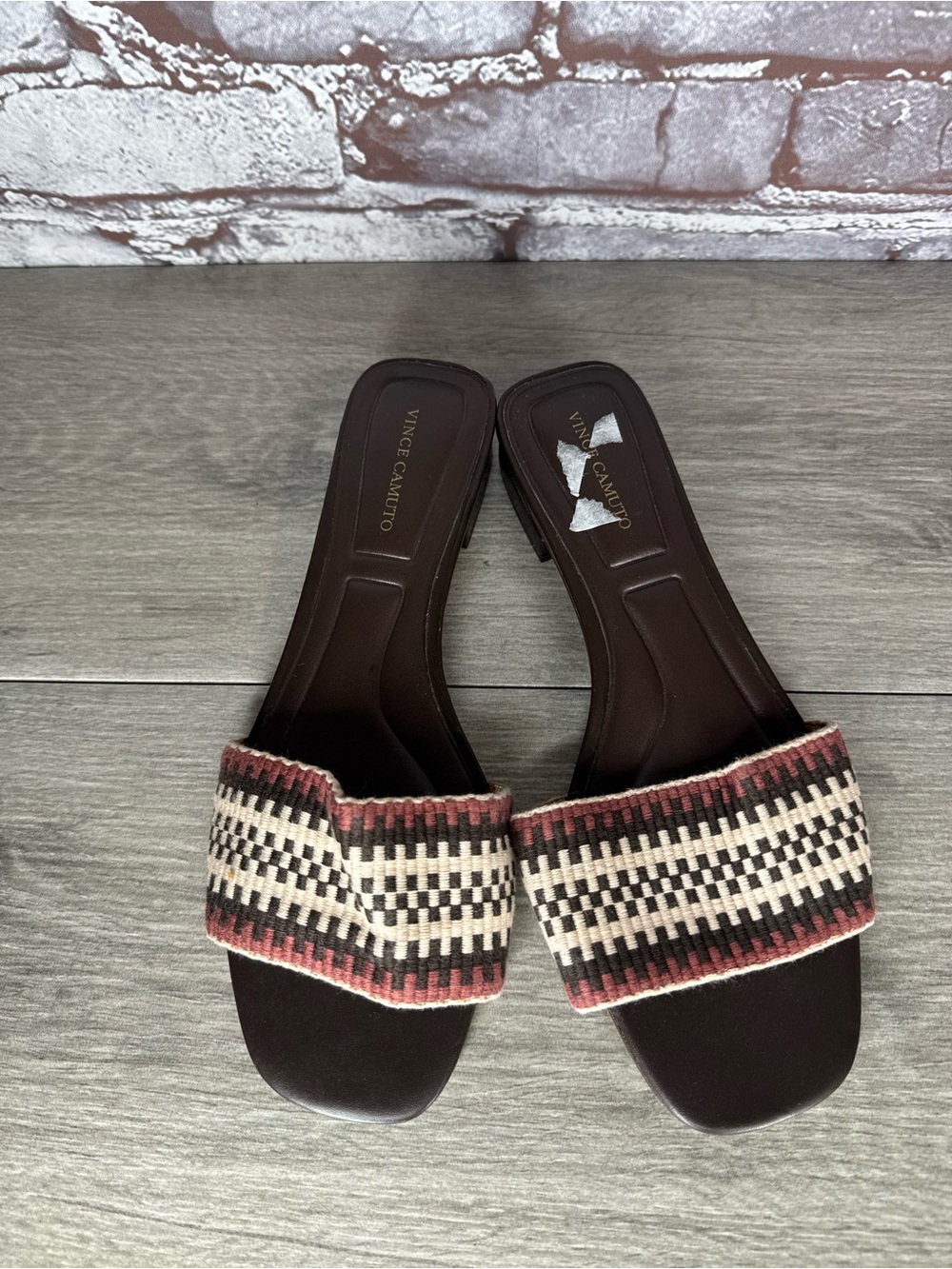 Vince Camuto Cheleah Brown Fabric Leather Slides Sandals Women’s Sz 6.5M US/37EU